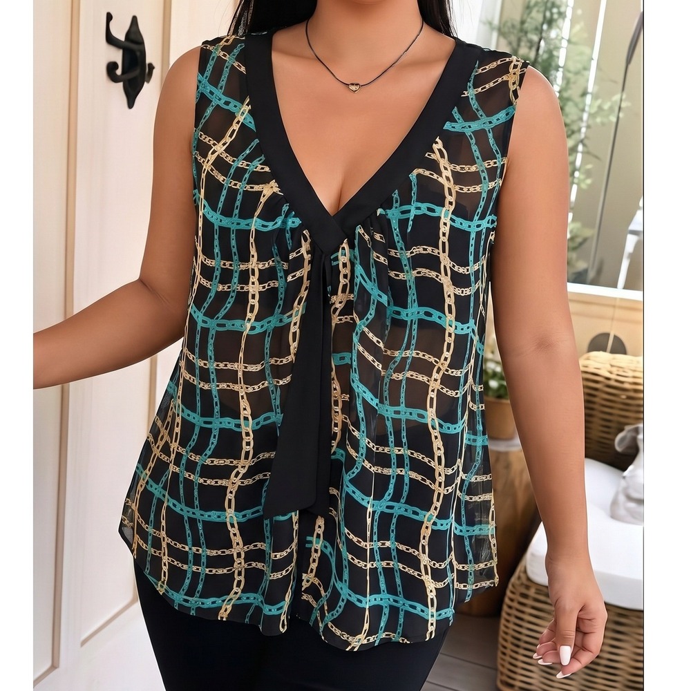 Tattoo Me NWT Size 3X Nautical Sleeveless Black Blouse with Gold Chain Pattern